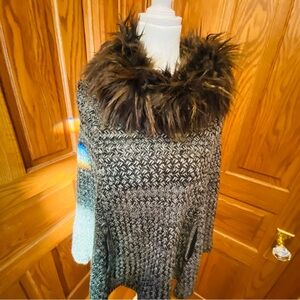 Steve Madden Black and Brown Cape with Faux Fur Collar
